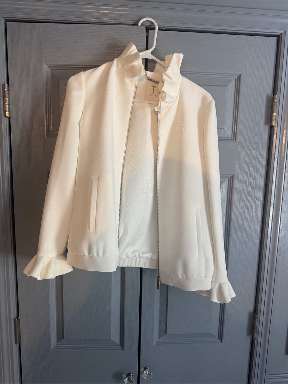 Ted Baker Cream Ruffle-Trim Zip Bomber Jacket
